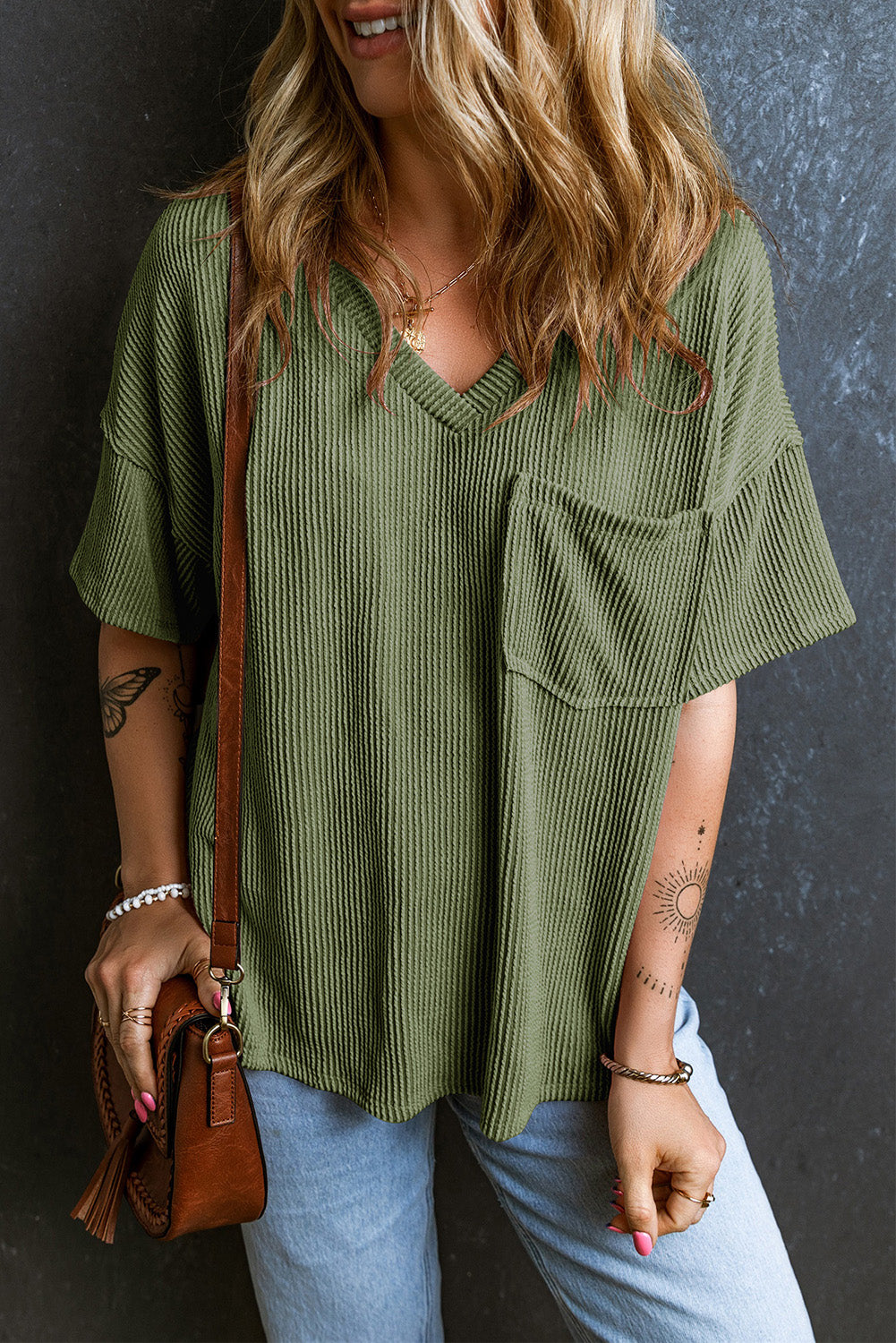 Honeybee Mumford's Jungle Green Corded V Neck Chest Pocket Loose T-shirt