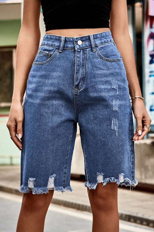 Honeybee Mumford's Raw Hem High Waist Denim Shorts with Pockets