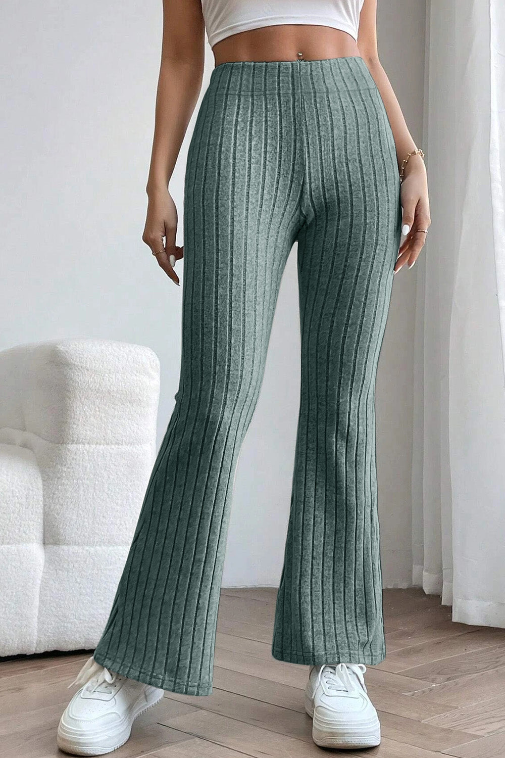 honeybee Mumford's Ribbed High Waist Flare Pants (Black , Dark Blue, Deep Teal, Light Gray colors)