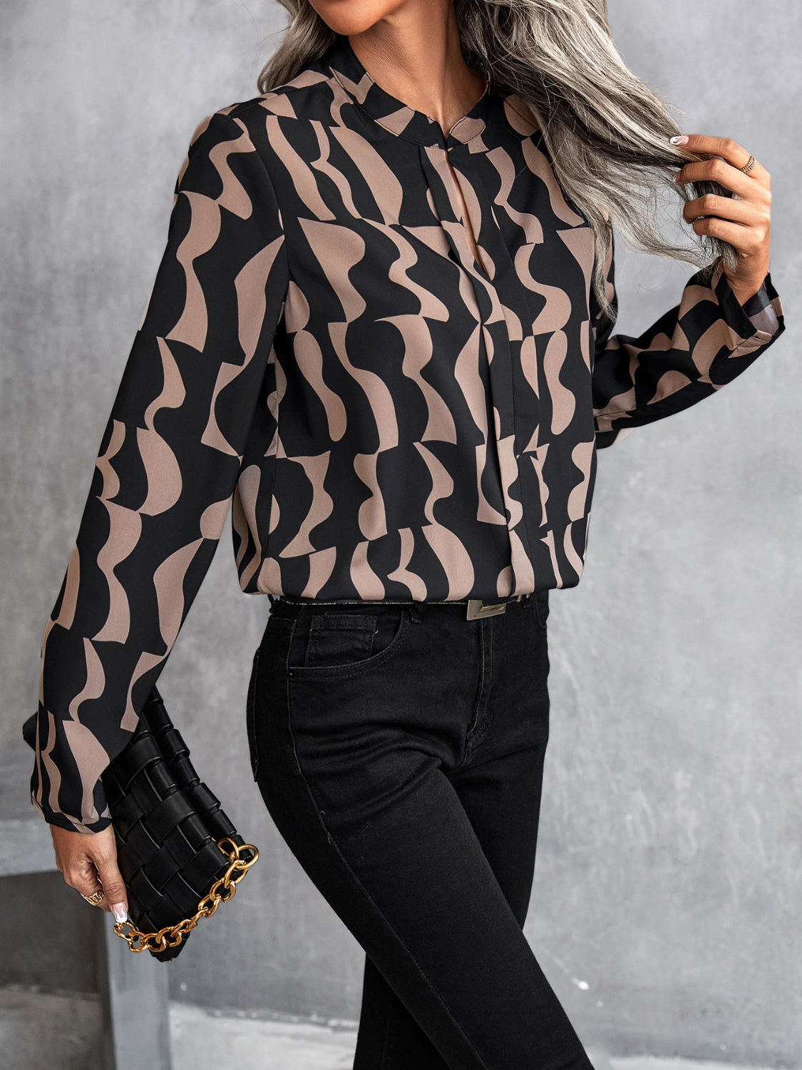 Honeybee Mumford's Printed Notched Long Sleeve Blouse