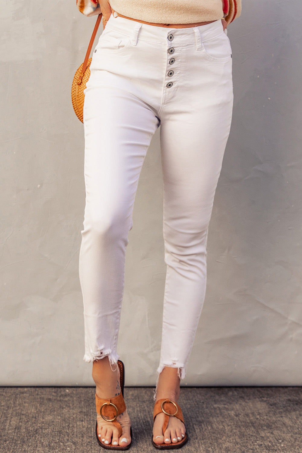 Honeybee Mumford's White Plain High Waist Buttons Frayed Cropped Denim Jeans