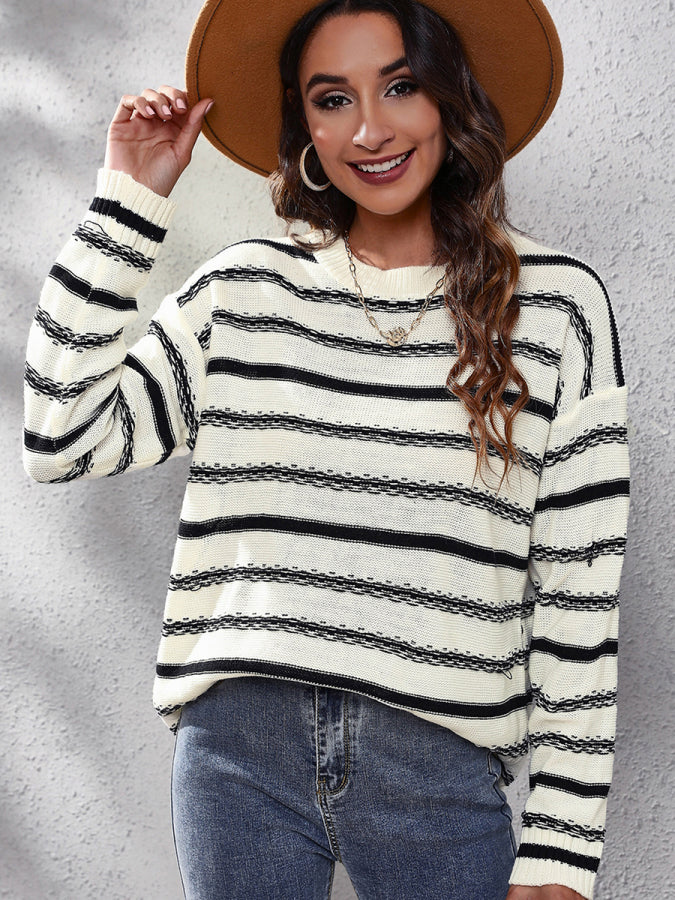 Honeybee Mumford's Striped Round Neck Dropped Shoulder Sweater