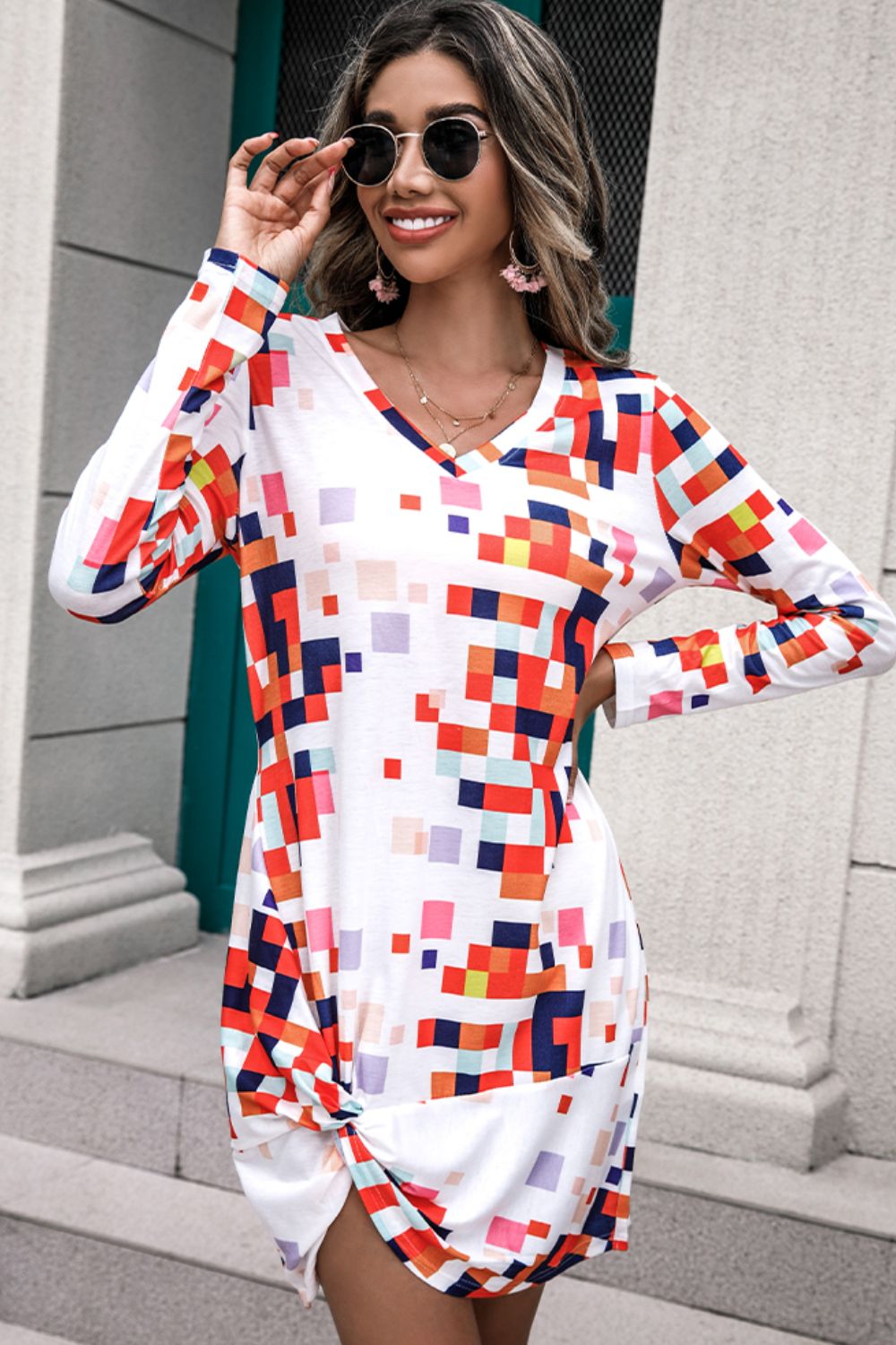 Honeybee Mumford's Rainbow Checker Twisted Long Sleeve Dress