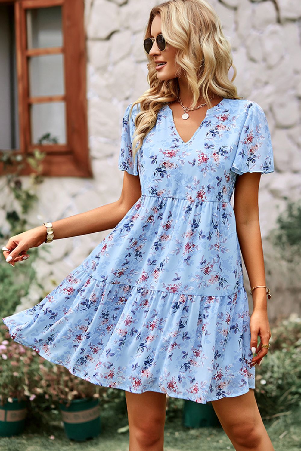 Honeybee Mumford's Floral Notched Flutter Sleeve Mini Dress