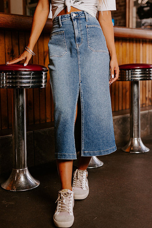 Honeybee Mumford's Sky Blue 4 Patch Pockets Front Slit Midi Denim Skirt