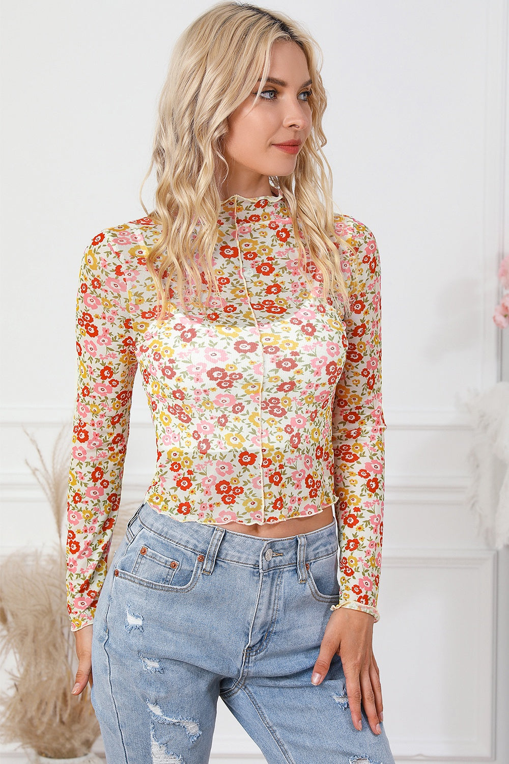 Honeybee Mumford's Floral Mock Neck Long Sleeve Blouse