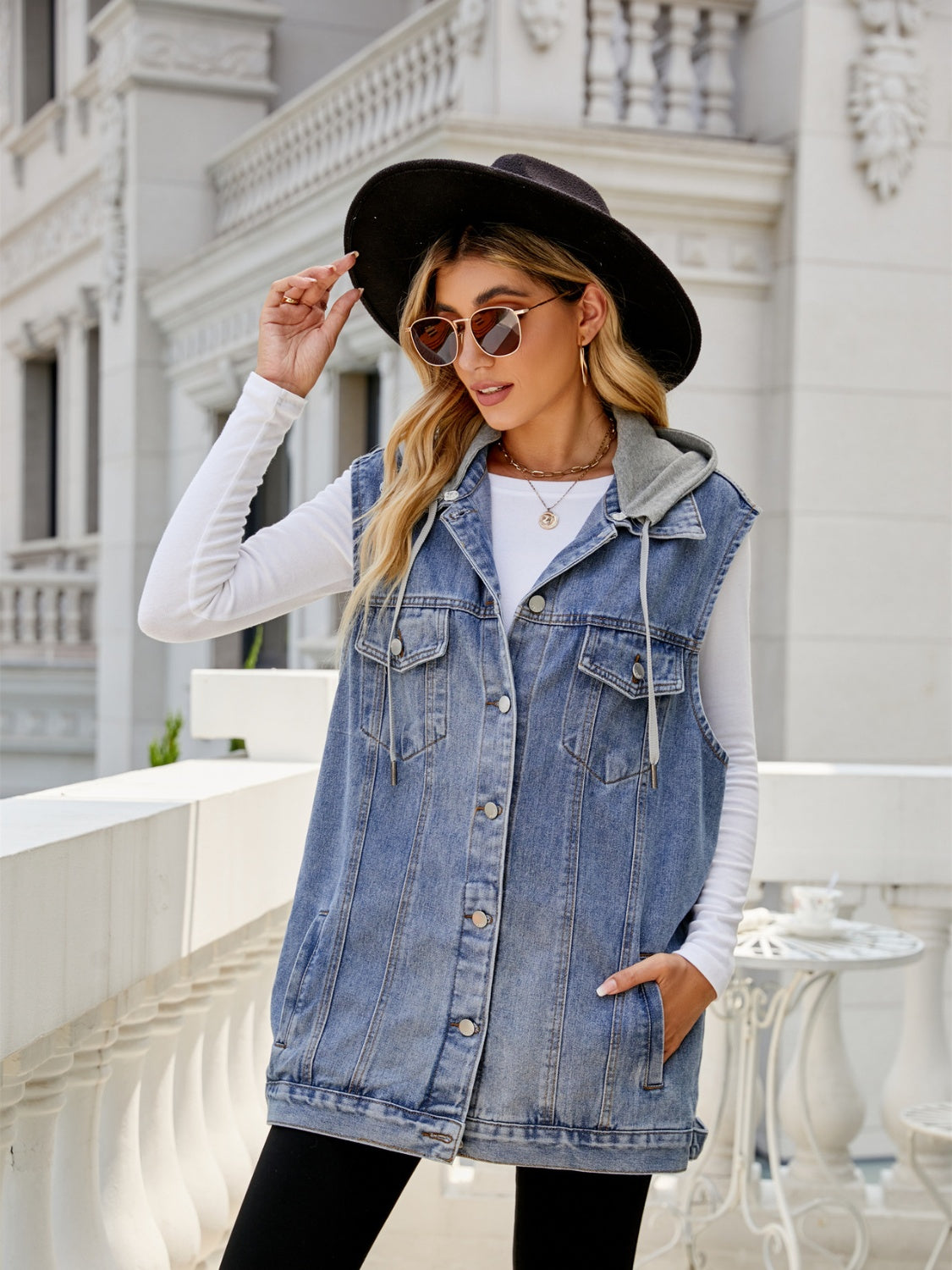 Honeybee Mumford's Drawstring Pocketed Button Up Sleeveless Denim Jacket