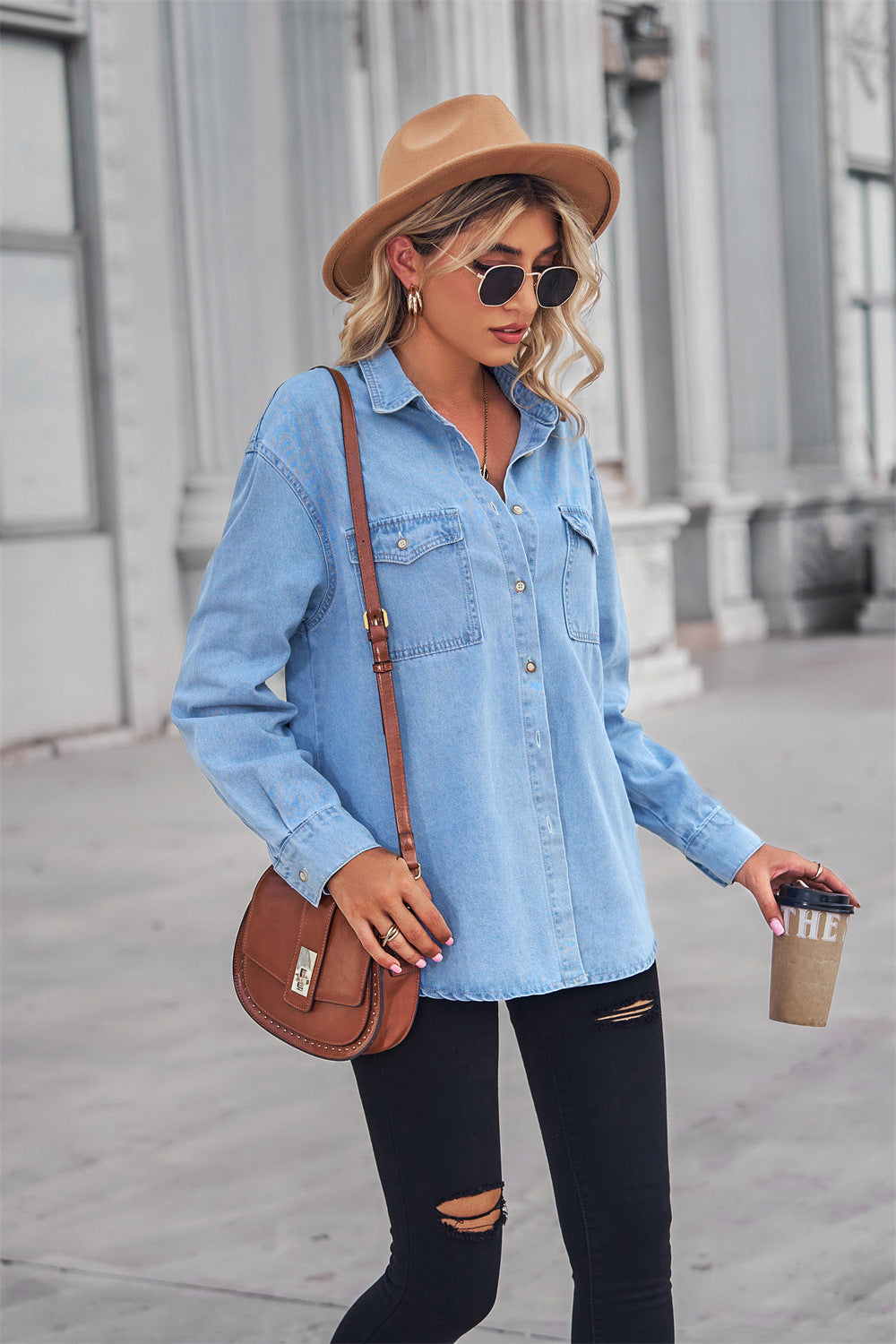 Honeybee Mumford's Collared Neck Dropped Shoulder Denim Top