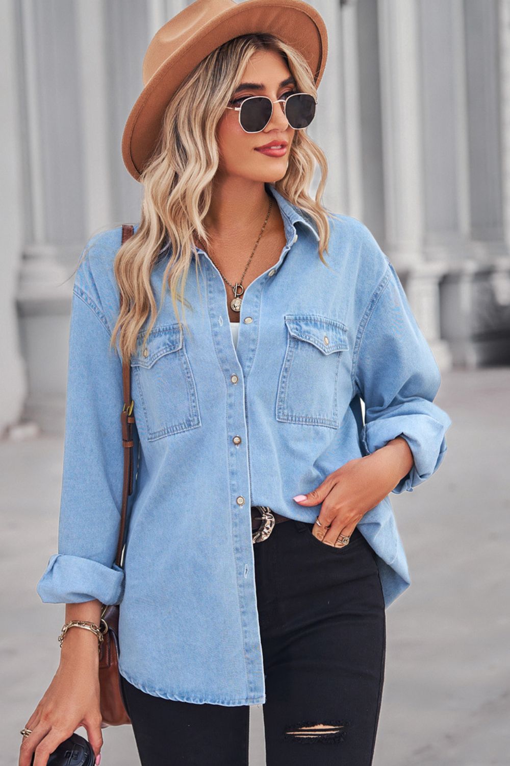 Honeybee Mumford's Collared Neck Dropped Shoulder Denim Top