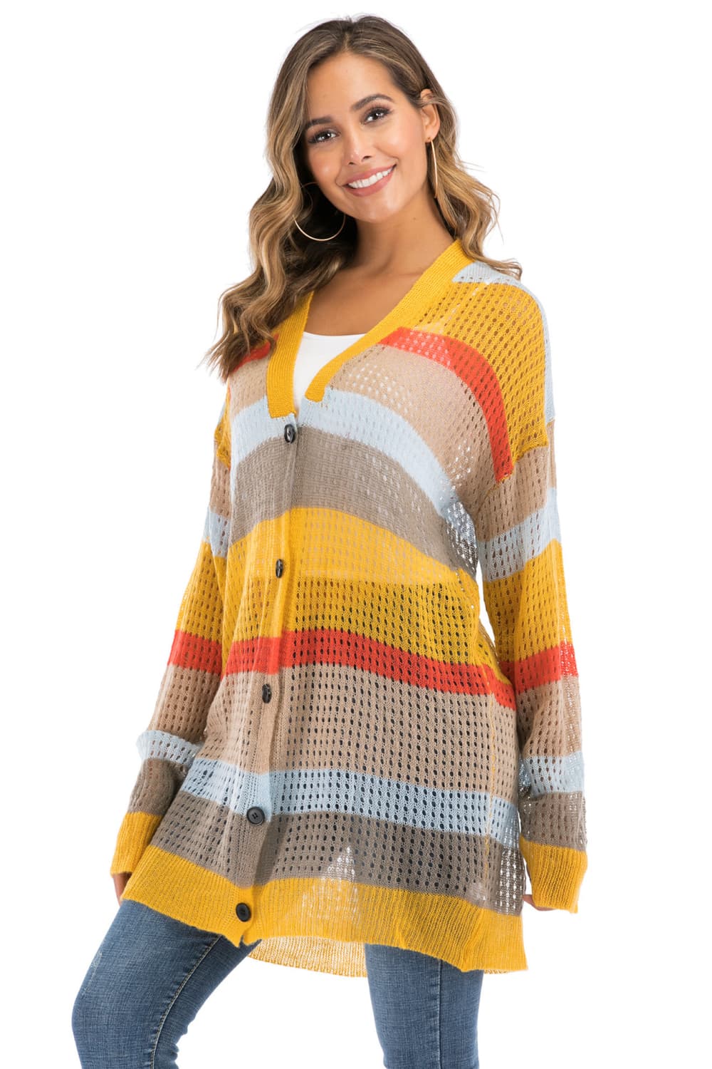 Honeybee Mumford's Color Block Openwork Long Sleeve Cardigan