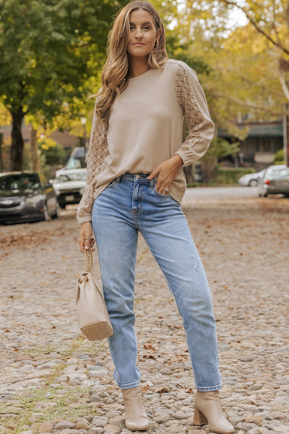 Honeybee Mumford's Waffle-Knit Round Neck Long Sleeve Blouse