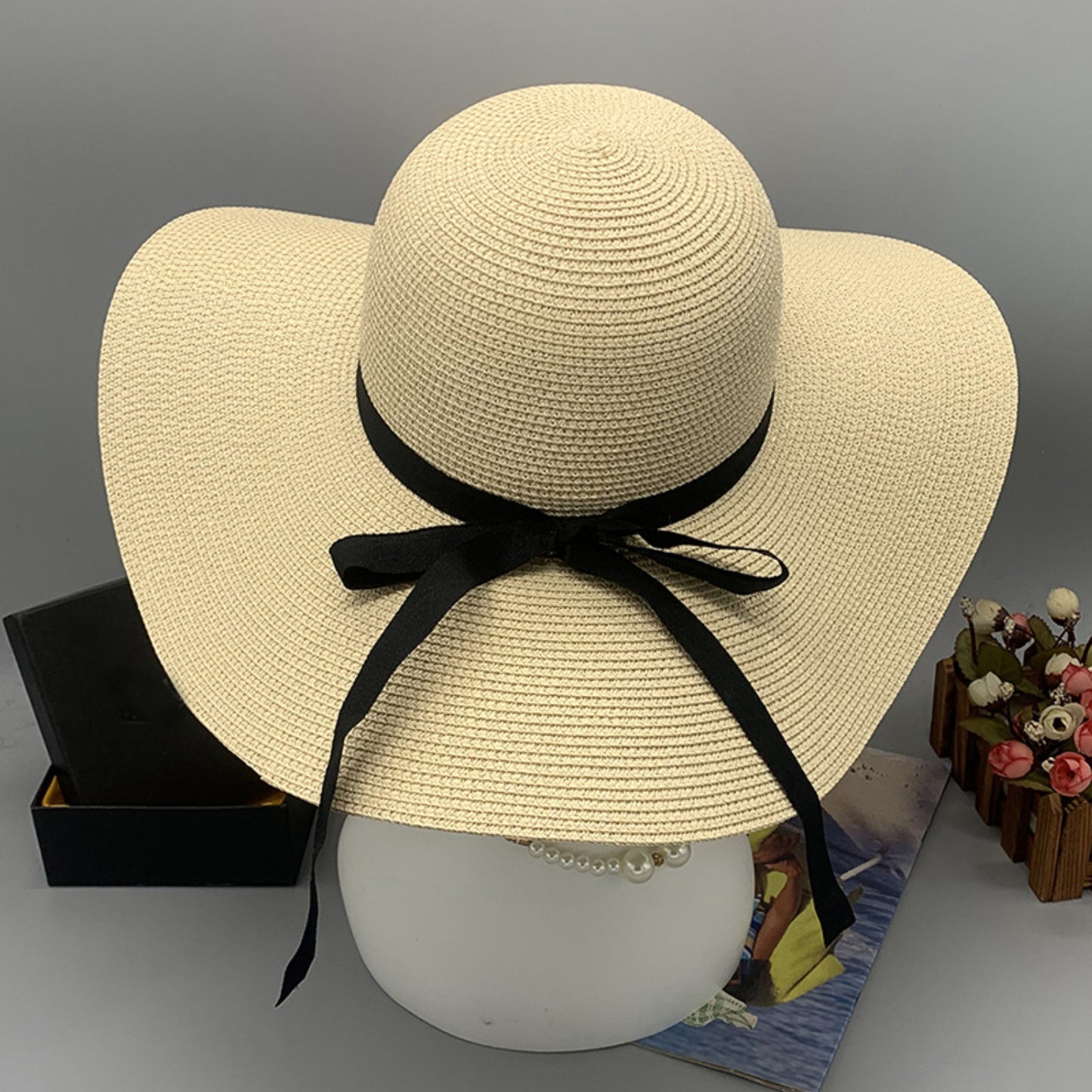 Honeybee Mumford's Paper Braided Wide Brim Hat w/ black Bow in Ivory, Navy, Black, Tan