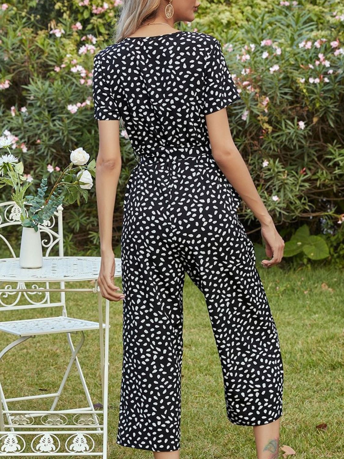 Honeybee Mumford's Printed V-Neck Short Sleeve Jumpsuit