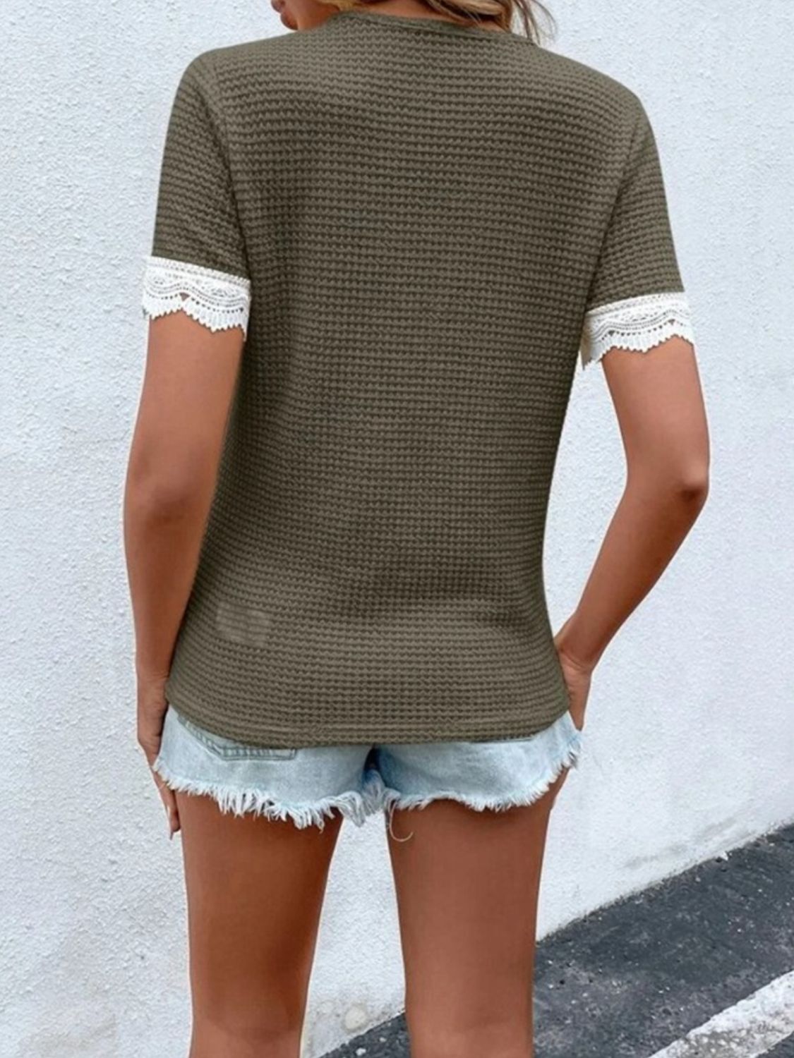 Honeybee Mumford's Waffle-Knit V-Neck Short Sleeve Blouse