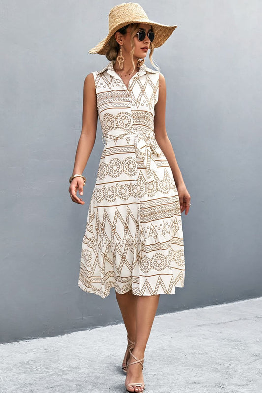 Honeybee Mumford's Printed Button Front Tie-Waist Sleeveless Collared Dress