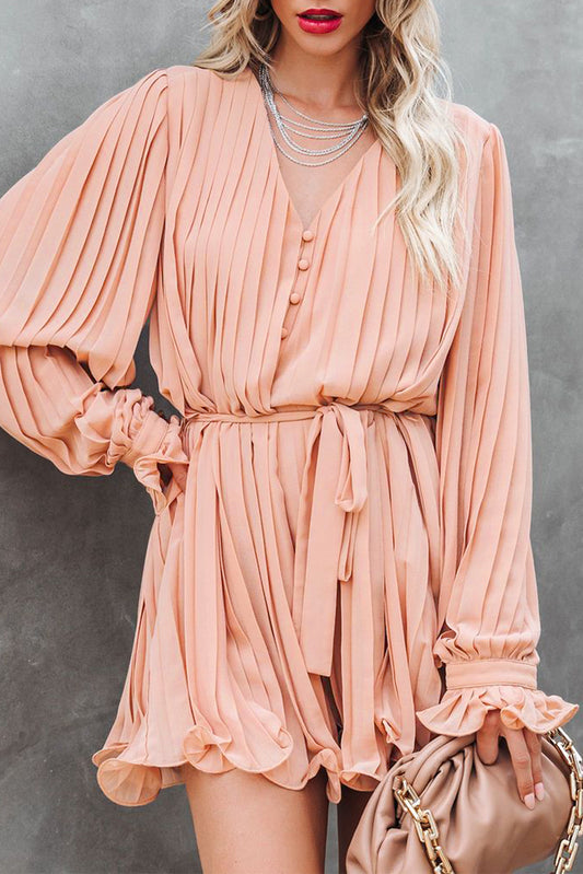 Honeybee Mumford's Pink Pleated Ruffled Tie Waist Buttons V Neck Romper