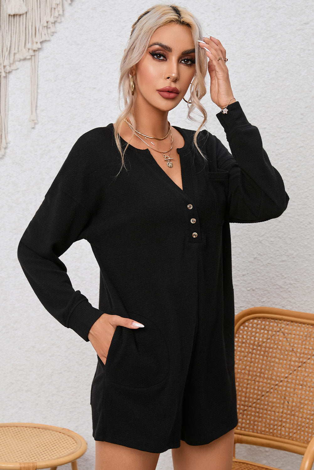 Honeybee Mumford's Black Brushed Ribbed Button Split V Neck Long Sleeve Romper