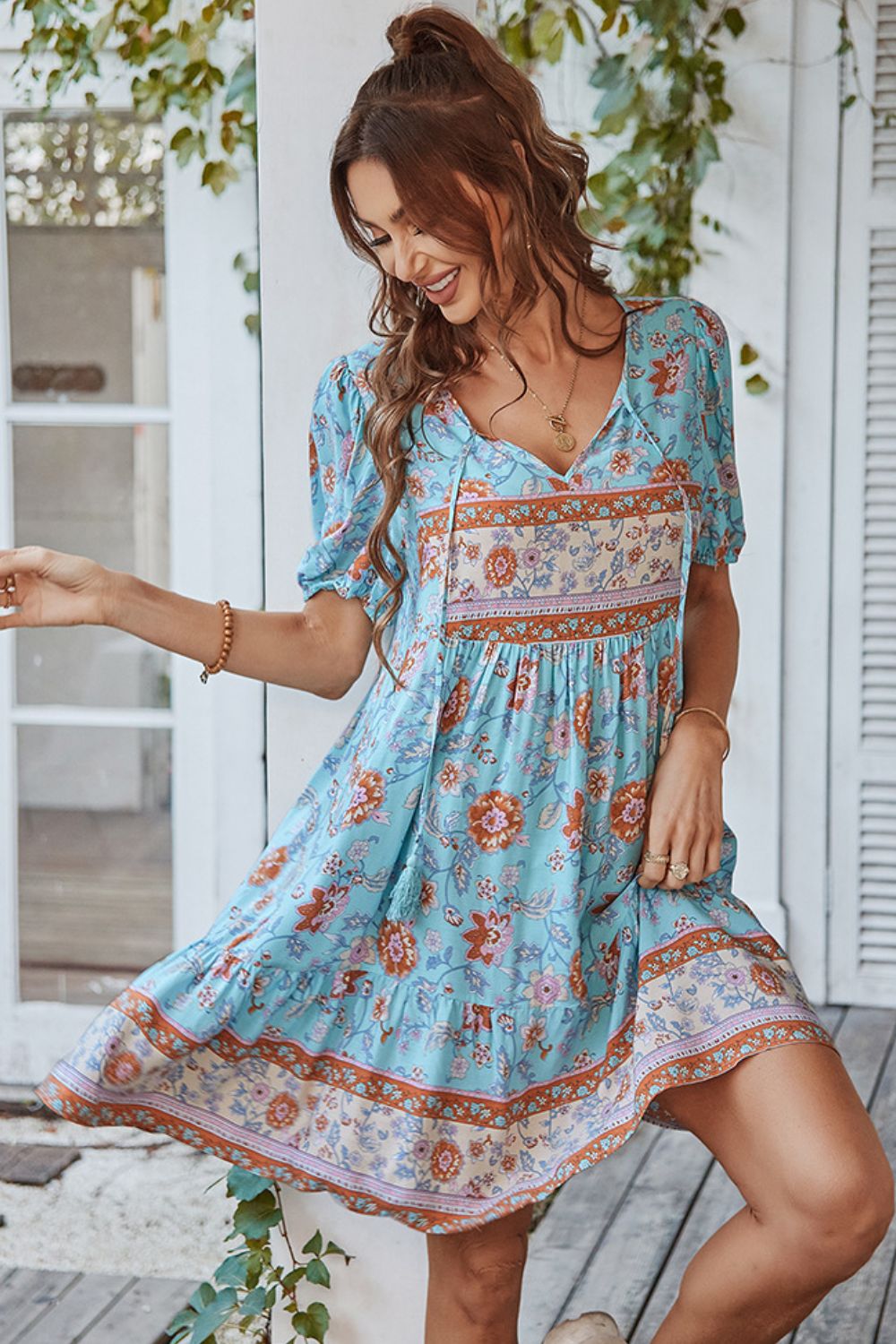 Honeybee Mumford's Tie Neck Short Sleeve Mini Dress