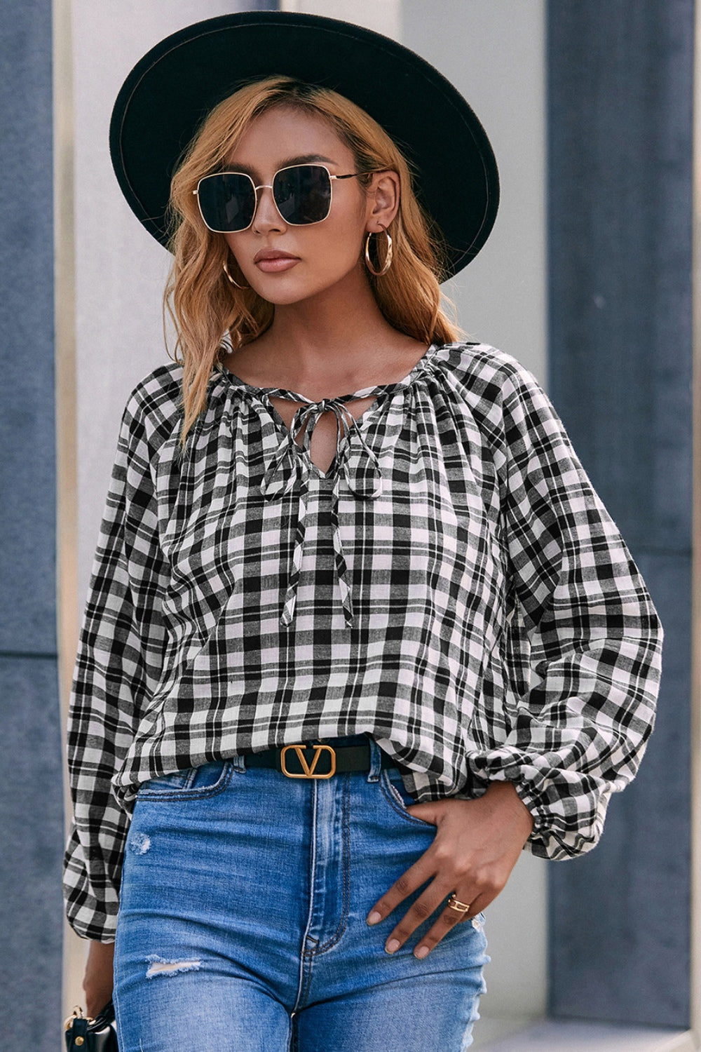 Honeybee Mumford's Plaid Tie Neck Balloon Sleeve Blouse