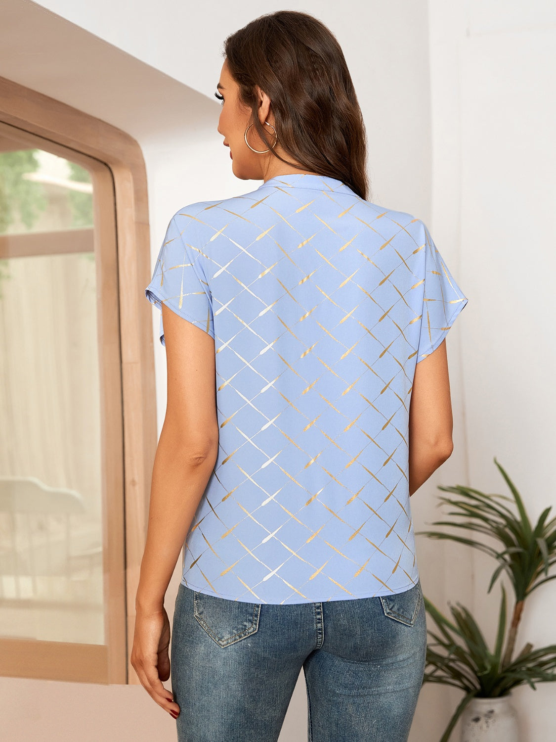 Honeybee Mumford's Printed Notched Short Sleeve Blouse