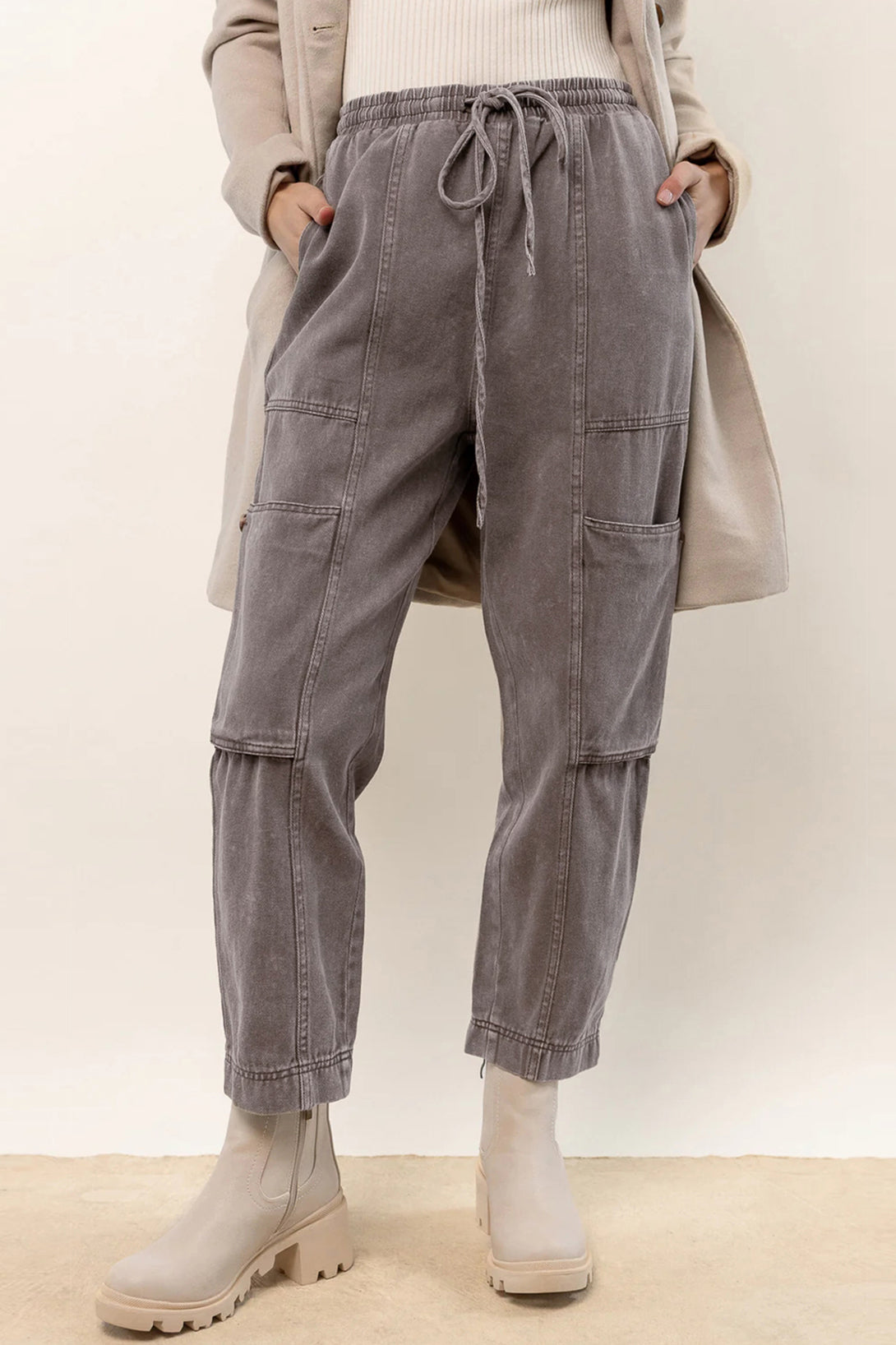 Honeybee Mumford's Gray Acid Wash Multi Pocket Drawstring Waist Pants