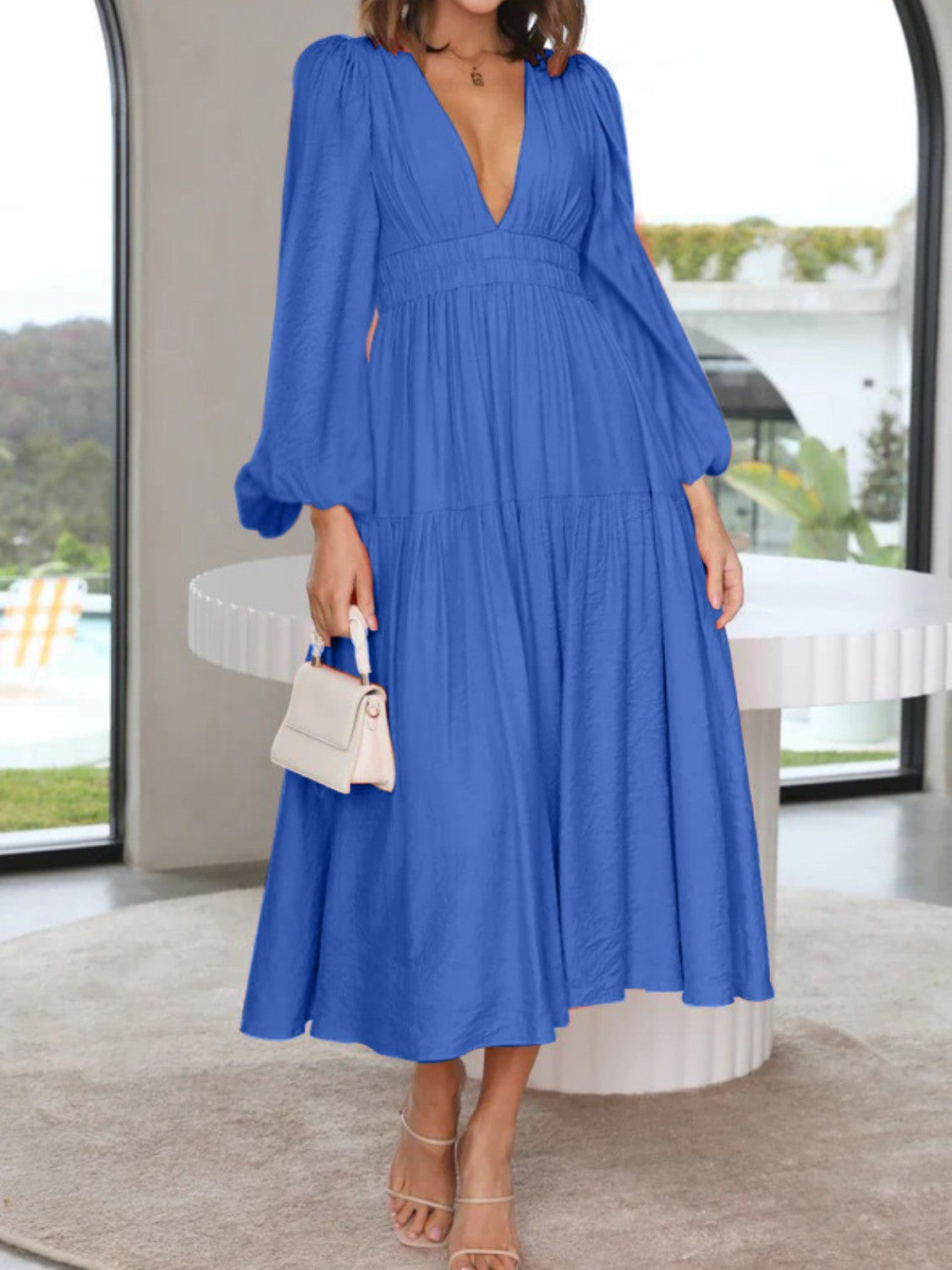 Honeybee Mumford's Deep V-Neck Balloon Sleeve Plain Maxi Dress