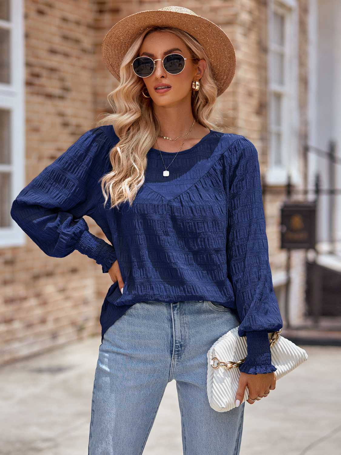 Honeybee Mumford's Round Neck Lantern Sleeve Blouse