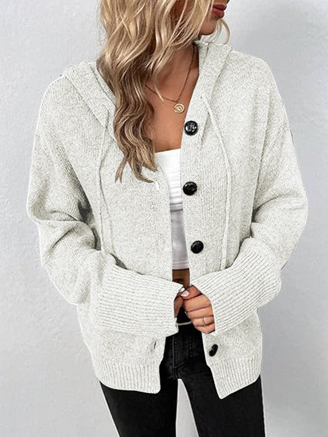 Honeybee Mumford's Button Up Drawstring Long Sleeve Hooded Cardigan