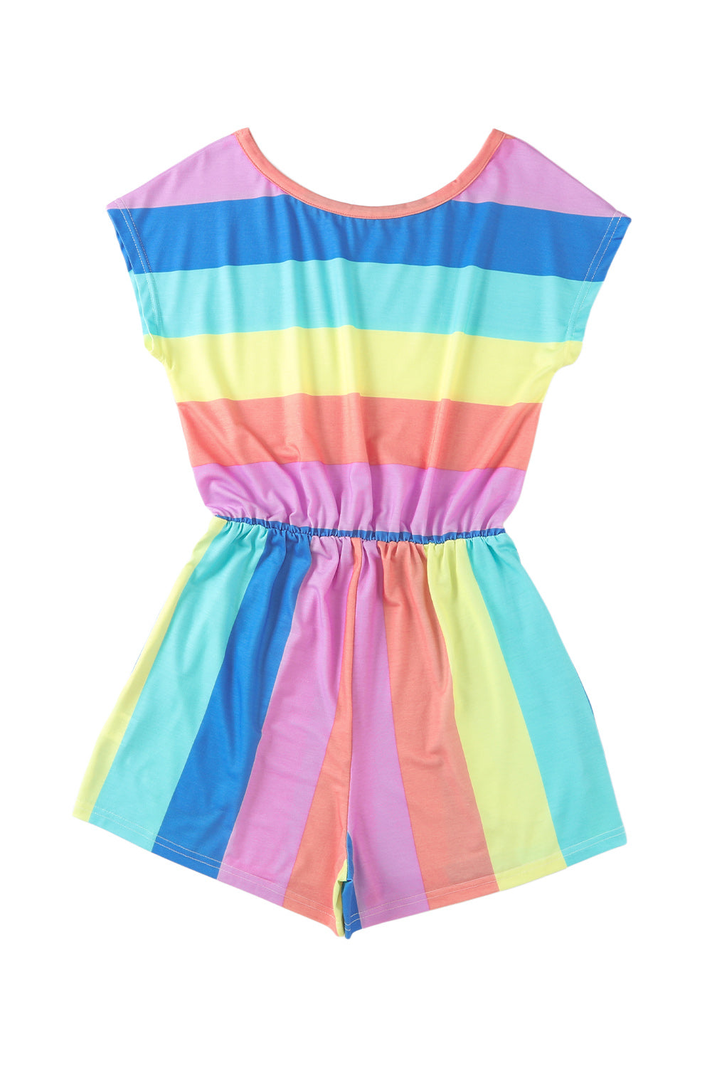 Honeybee Mumford's Multicolor Striped Print High Waist Short Sleeve Romper with Pockets