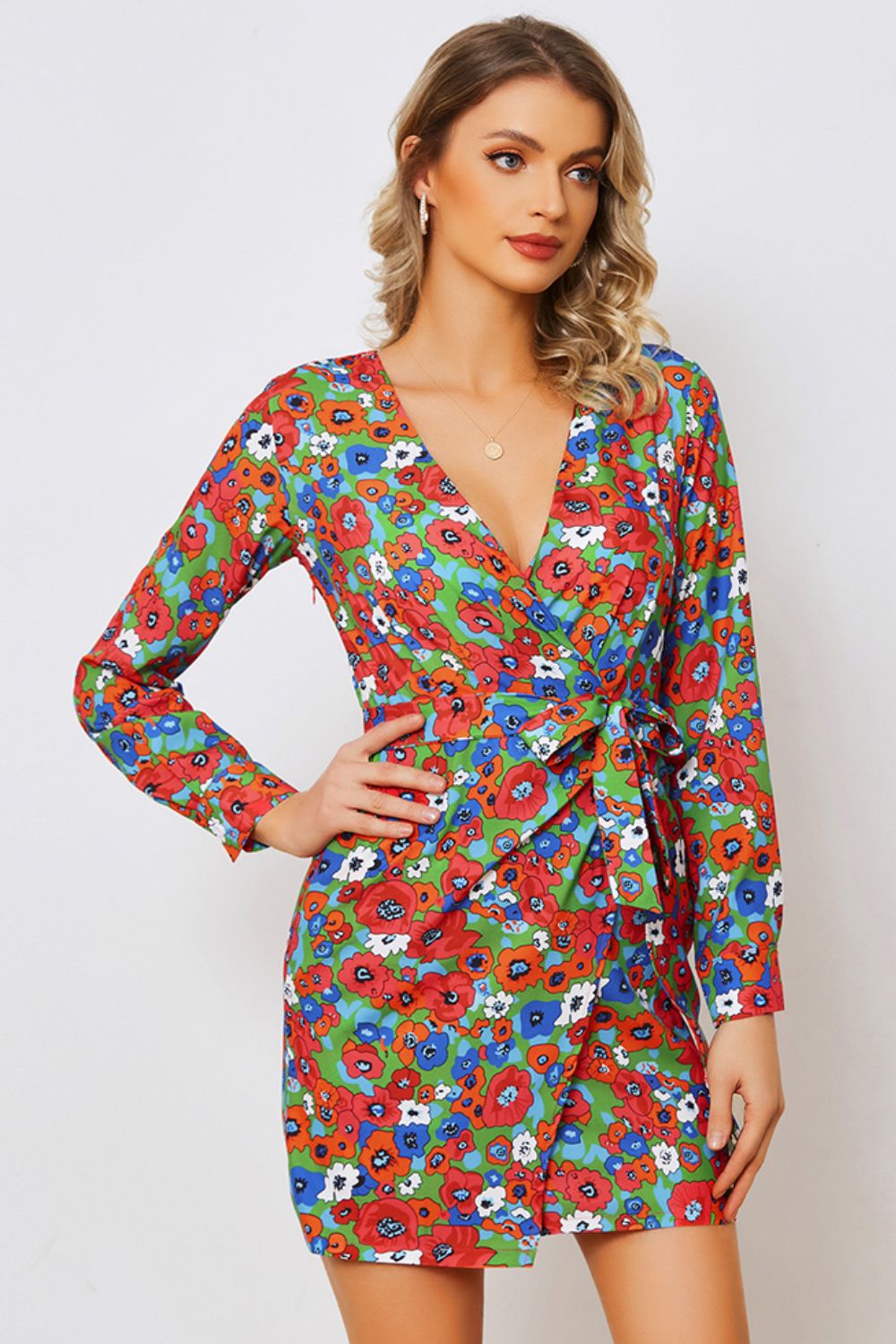 Honeybee Mumford's Floral Tied Long Sleeve Plunge Dress