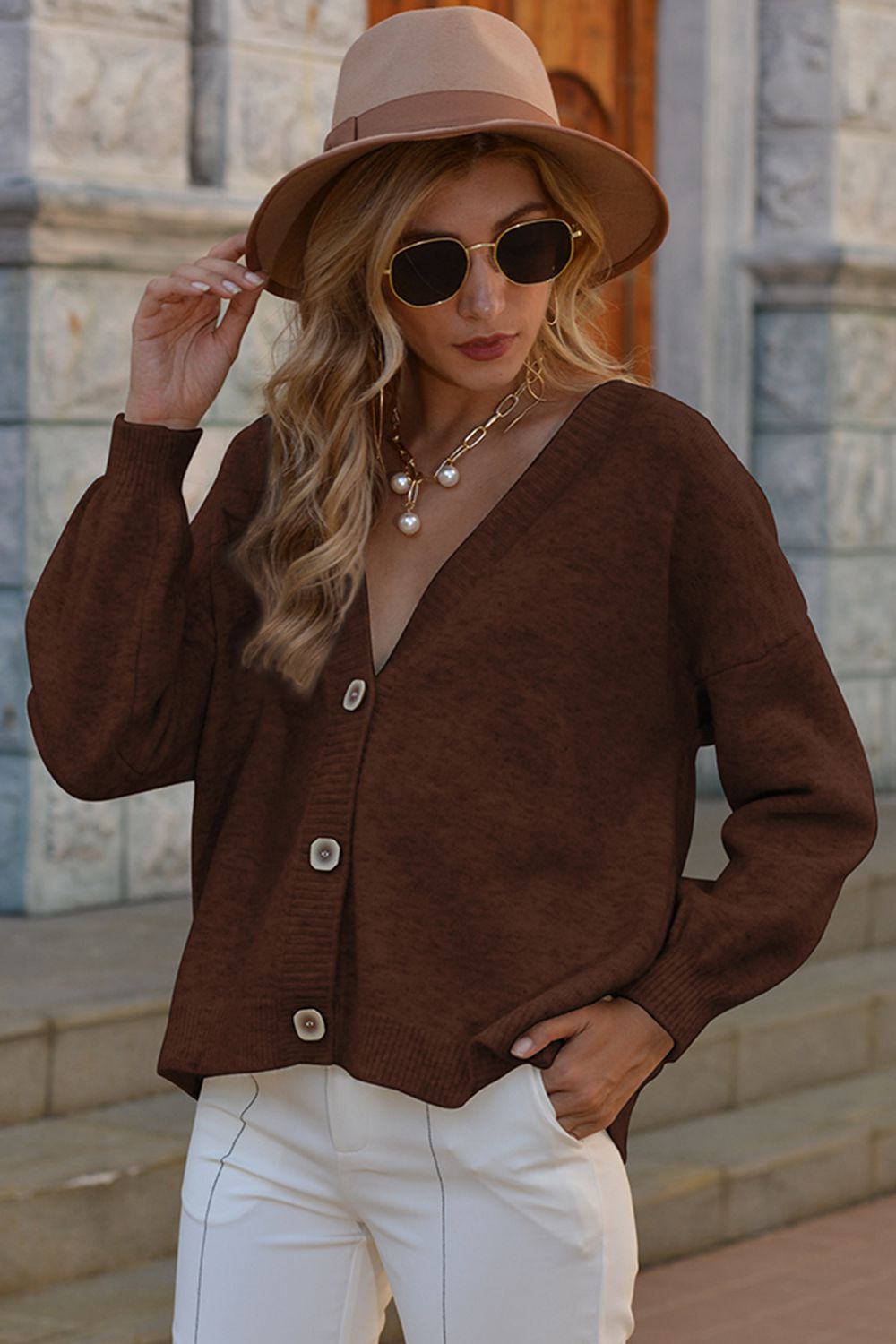 Honeybee Mumford's V-Neck Button-Down Dropped Shoulder Cardigan