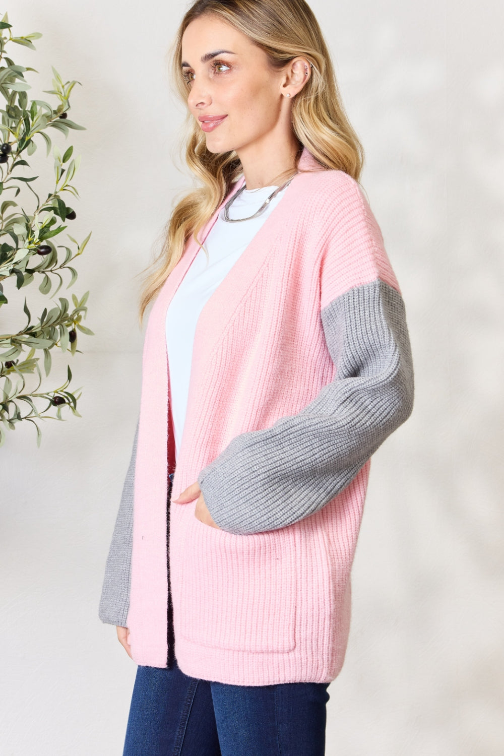 honeybee Mumford's Blush & Grey Contrast Open Front Cardigan with Pockets