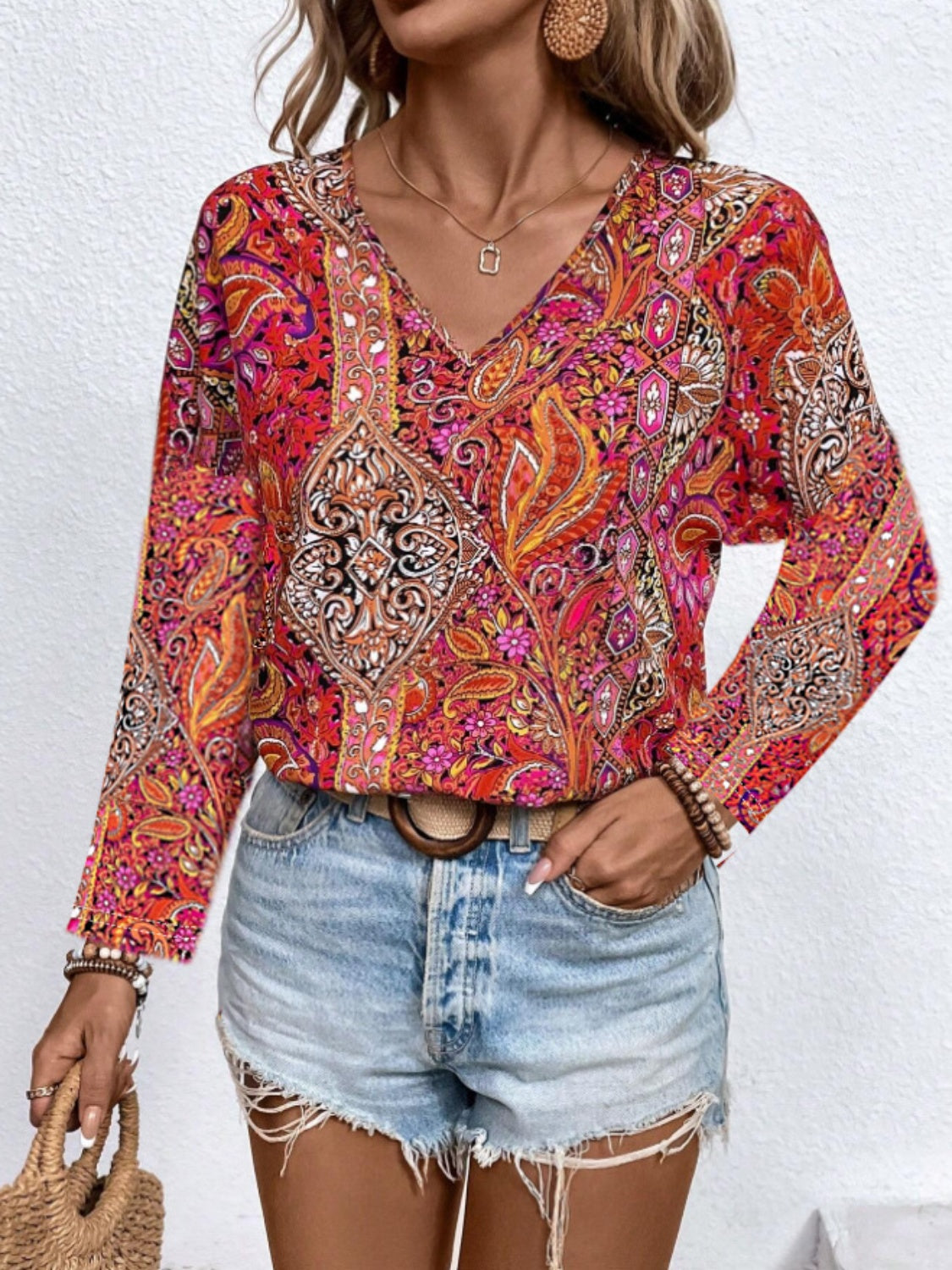 Honeybee Mumford's Printed V-Neck Long Sleeve Blouse