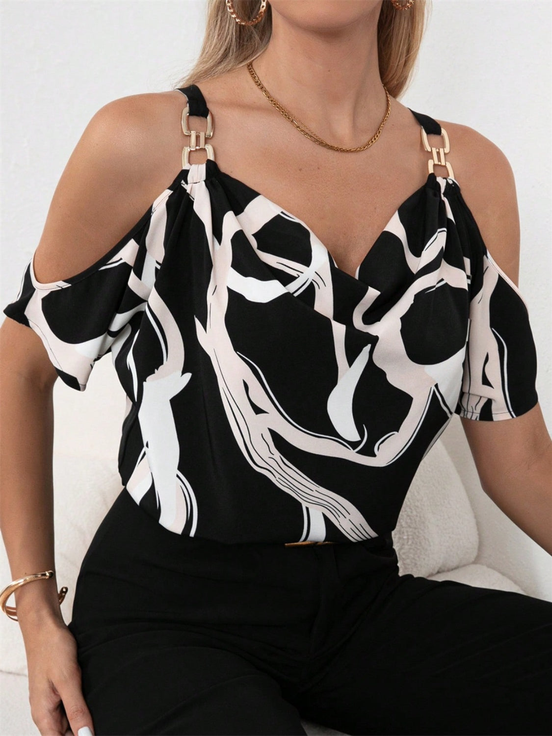 Honeybee Mumford's Cutout Printed Cowl Neck Short Sleeve Blouse