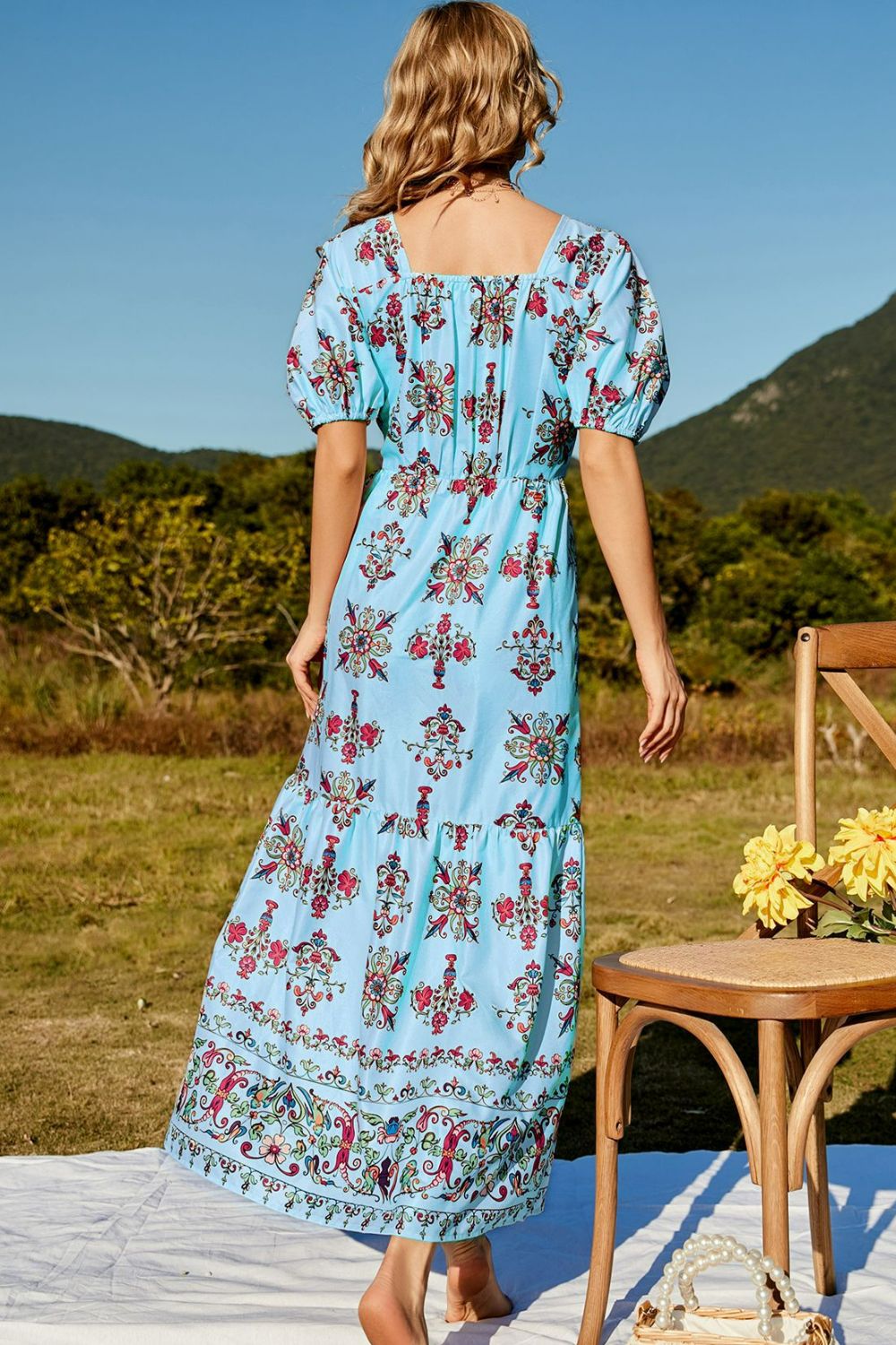 Honeybee Mumford's Casual Floral Ruched Puff Sleeve Tiered Maxi Dress