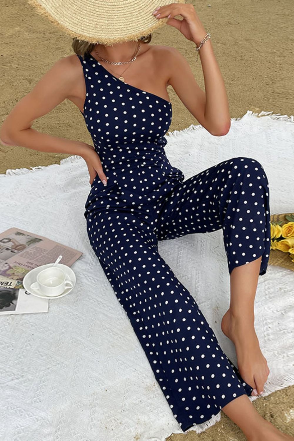 Honeybee Mumford's Polka Dot One-Shoulder Jumpsuit