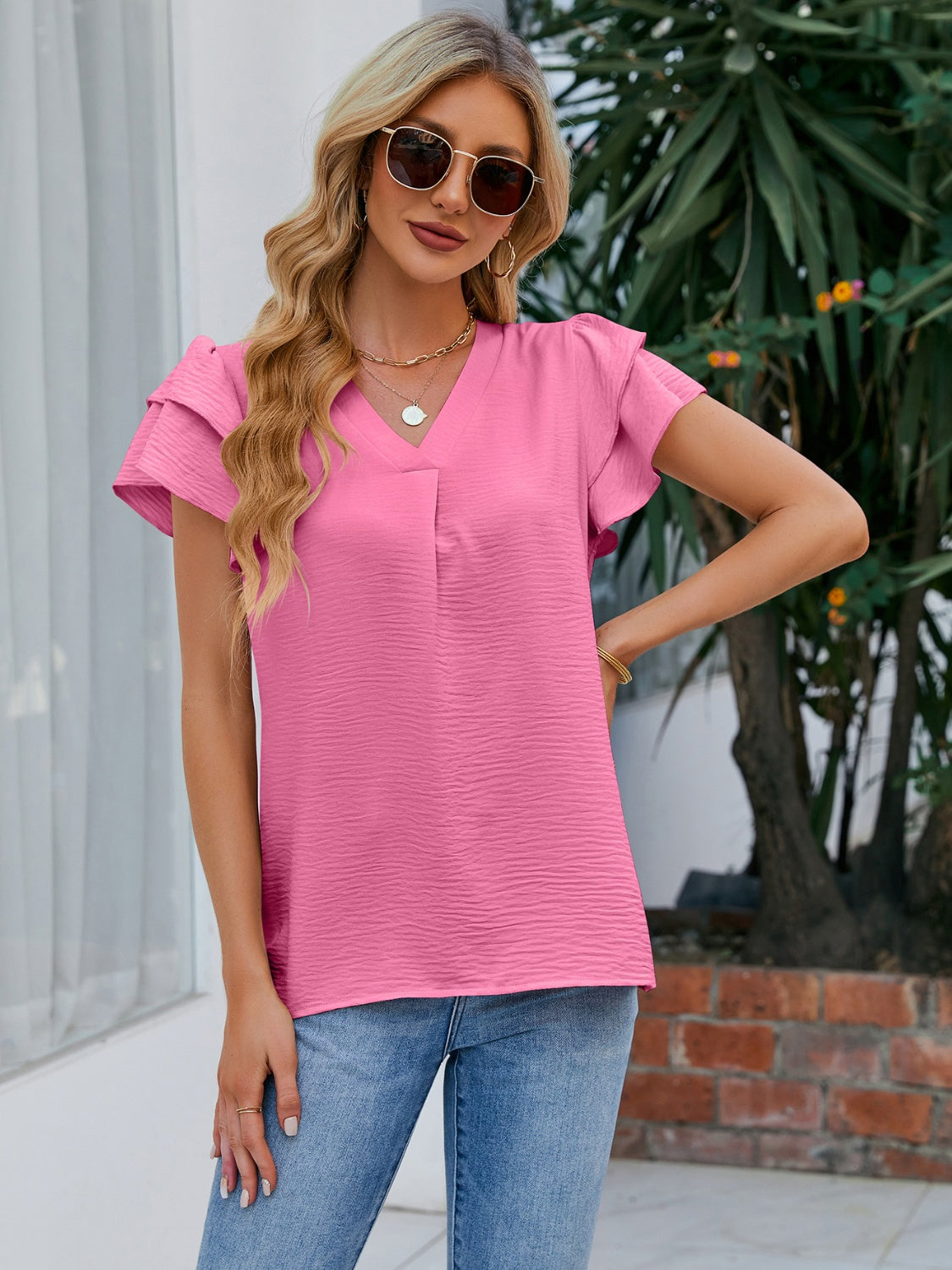 Honeybee Mumford's V-Neck Flounce Sleeve Blouse