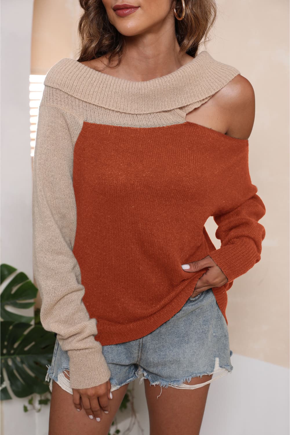 Honeybee Mumford's Asymmetrical Long Sleeve Two-Tone Cutout (Black, Orange, Dark Green, Deep Red, Mocha colors)