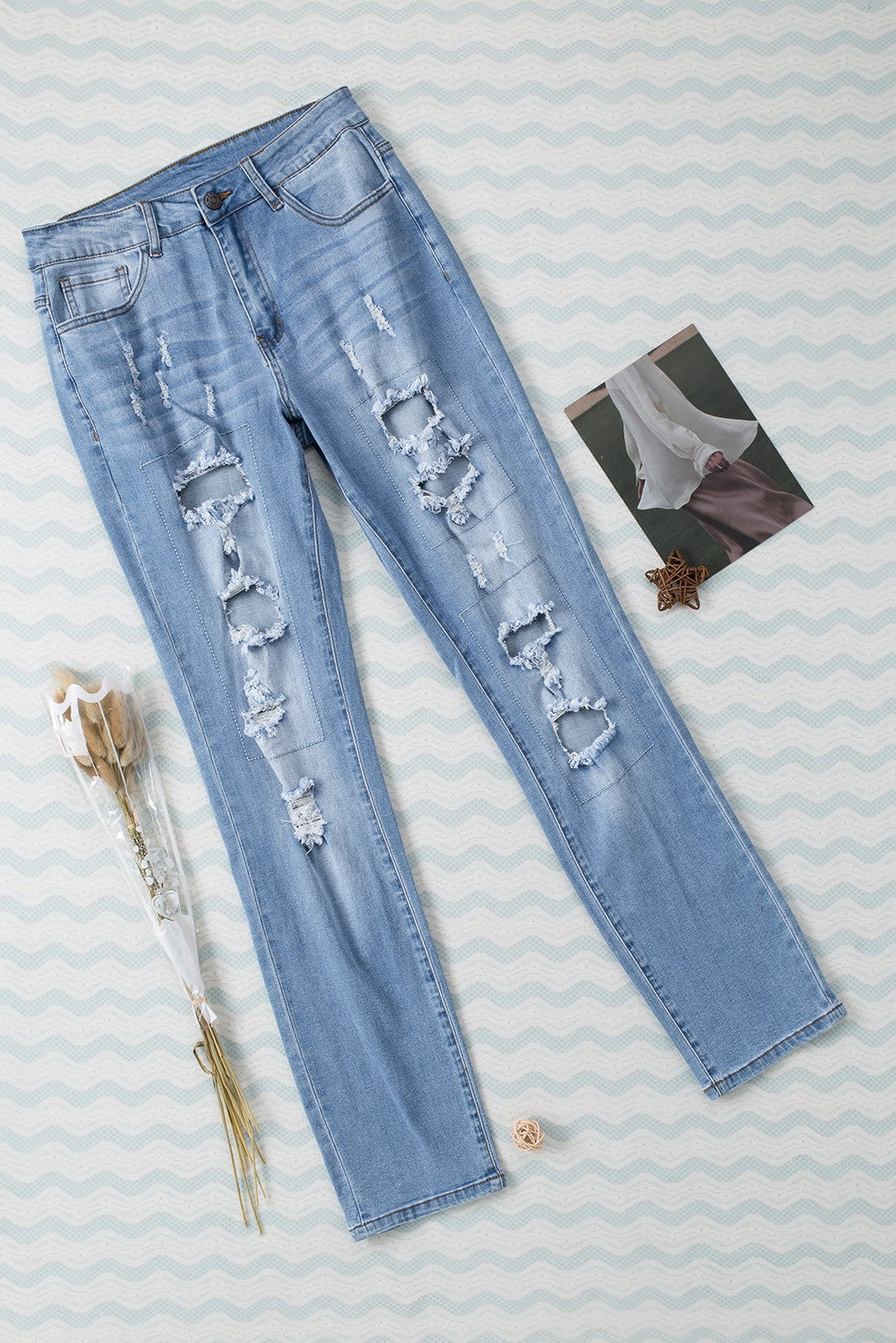 Honeybee Mumford's Sky Blue Buttoned Pockets Distressed Jeans