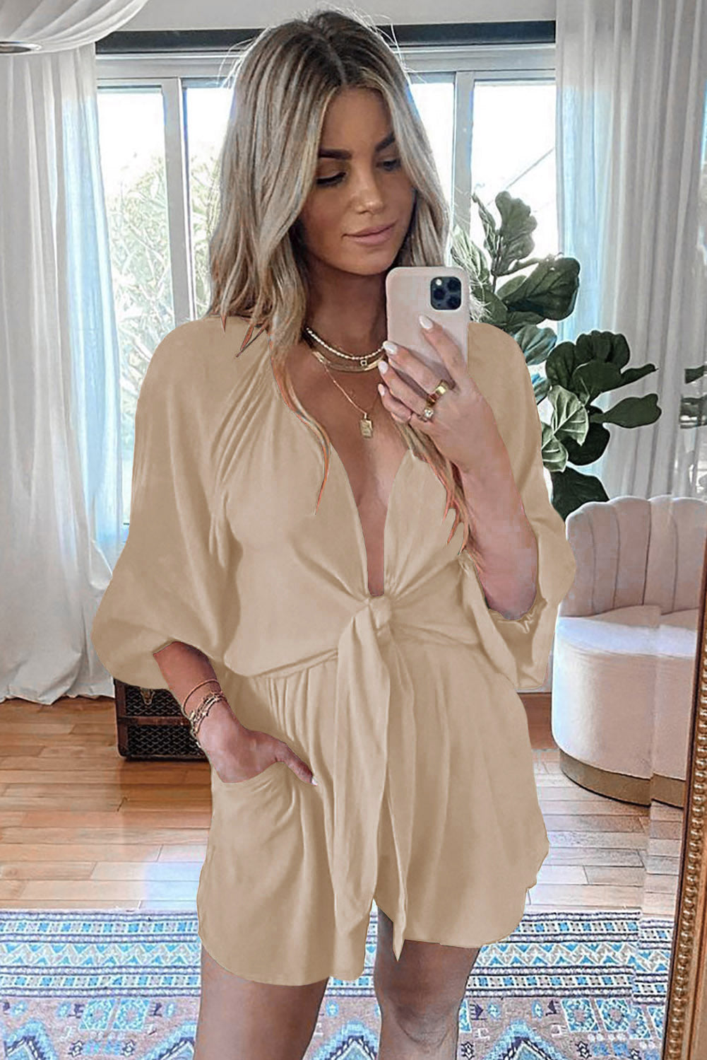 Honeybee Mumford's Beige Tie Knot Puff Long Sleeve Romper