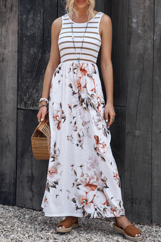 Honeybee Mumford's Striped Floral Round Neck Sleeveless Maxi Dress