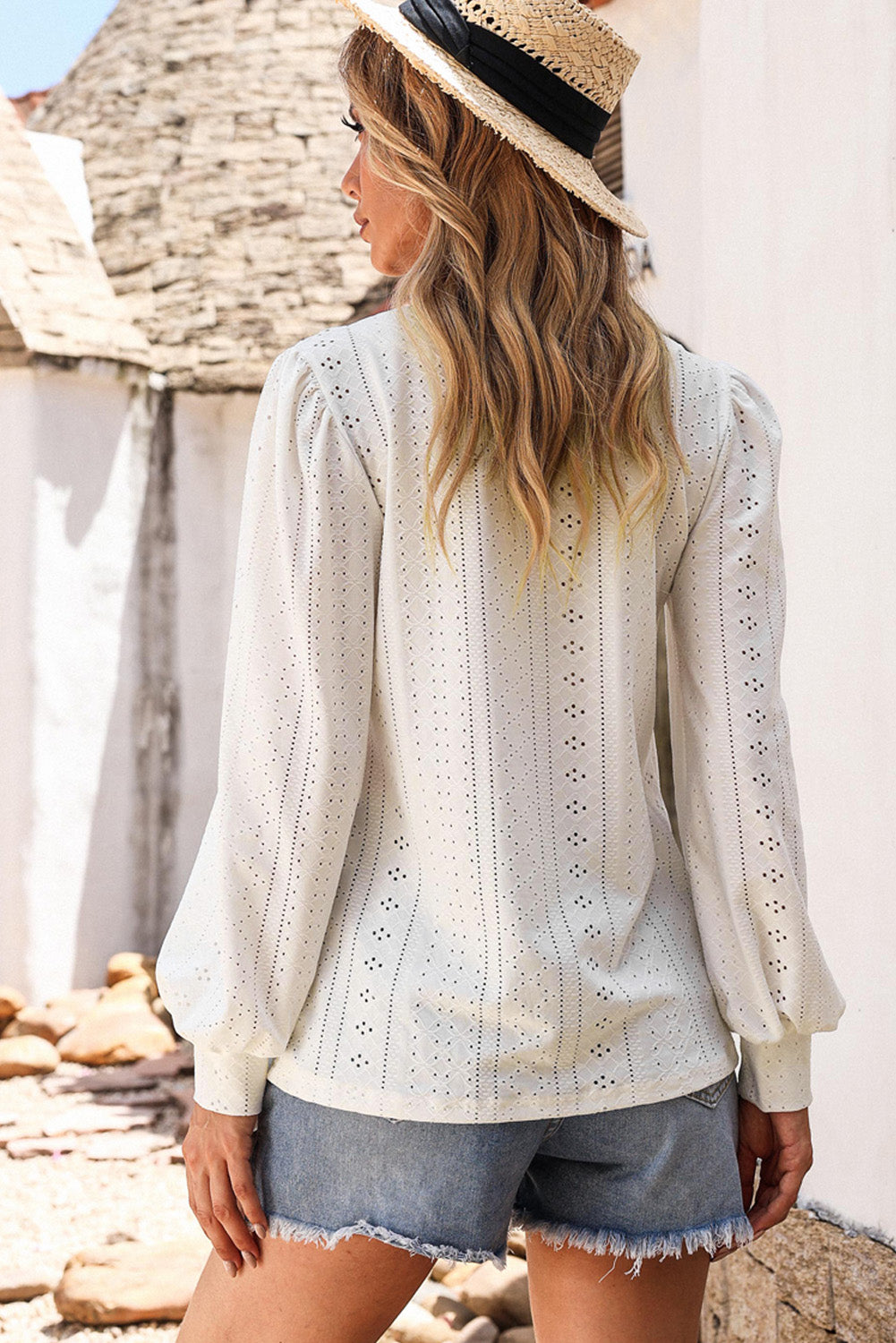 Honeybee Mumford's Eyelet V-Neck Long Sleeve Blouse