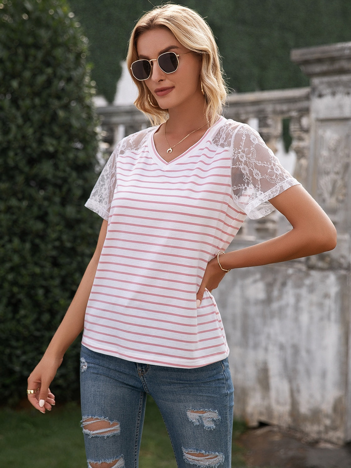 Honeybee Mumford's Lace Detail Striped V-Neck T-Shirt