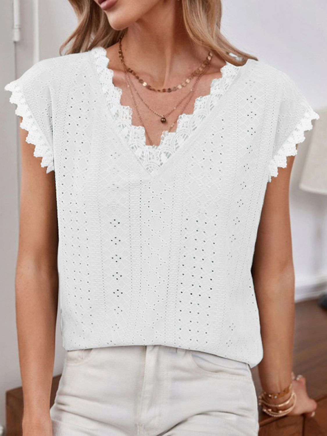 Honeybee Mumford's V-Neck Eyelet Short Sleeve Top