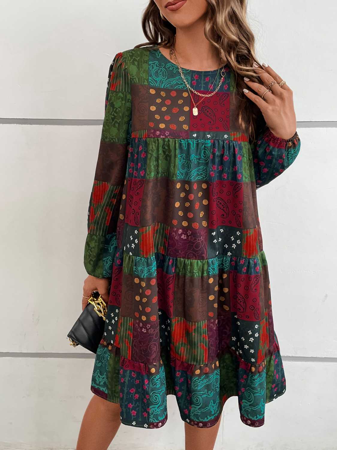 Honeybee Mumford's Patchwork Round Neck Long Sleeve Dress