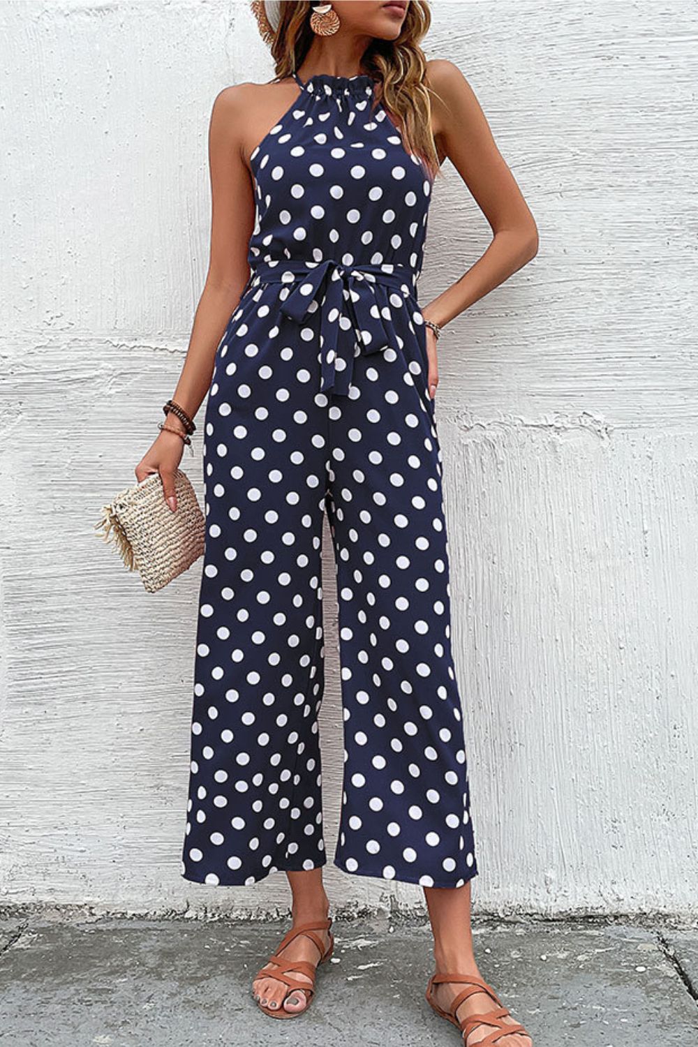 Honeybee Mumford's Polka Dot Grecian Wide Leg Jumpsuit