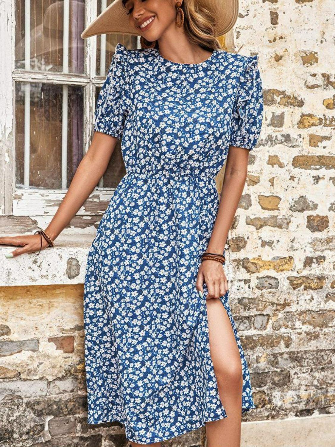 Honeybee Mumford's Floral Round Neck Split Midi Dress