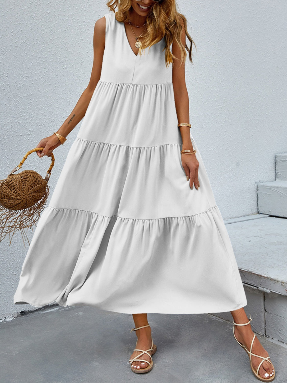 Honeybee Mumford's Tiered V-Neck Sleeve Dress