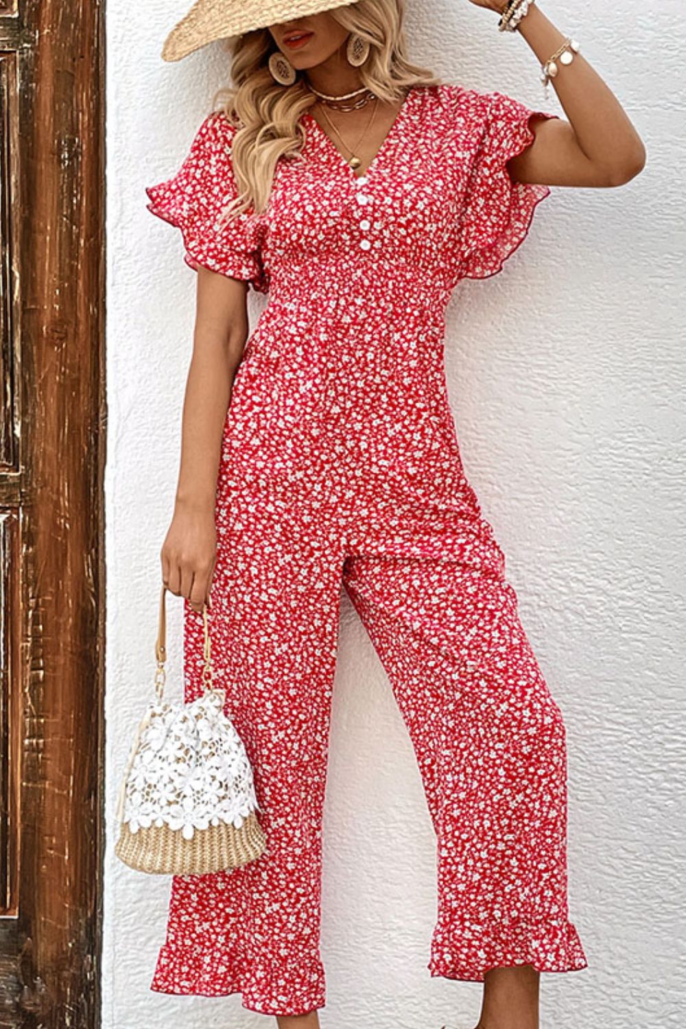 Honeybee Mumford's Printed Tie Back Ruffled Jumpsuit