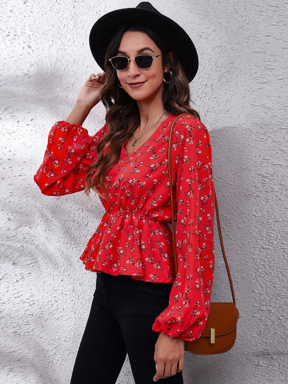 Honeybee Mumford's Floral V-Neck Balloon Sleeve Peplum Blouse